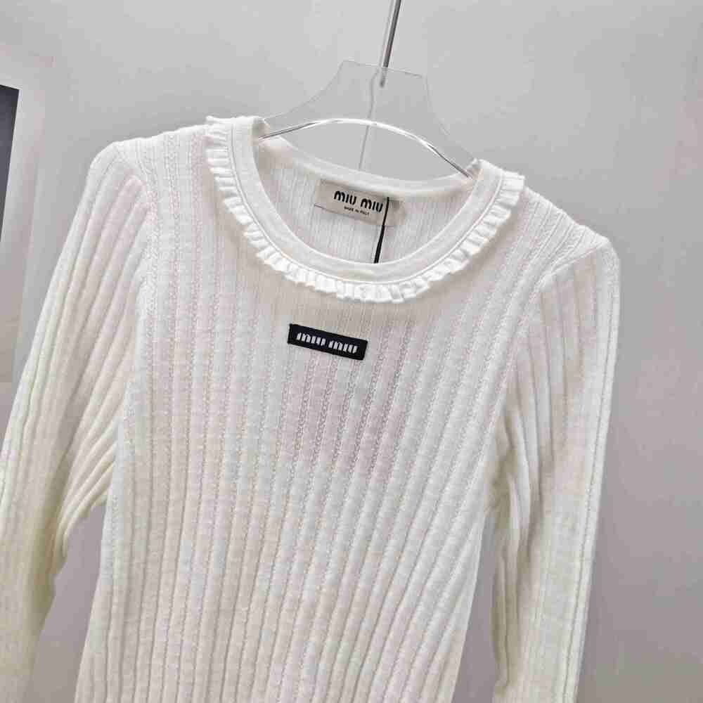 Miu Miu White Ribbed Ruffle-Trim Knit Top - Picture 4 of 9